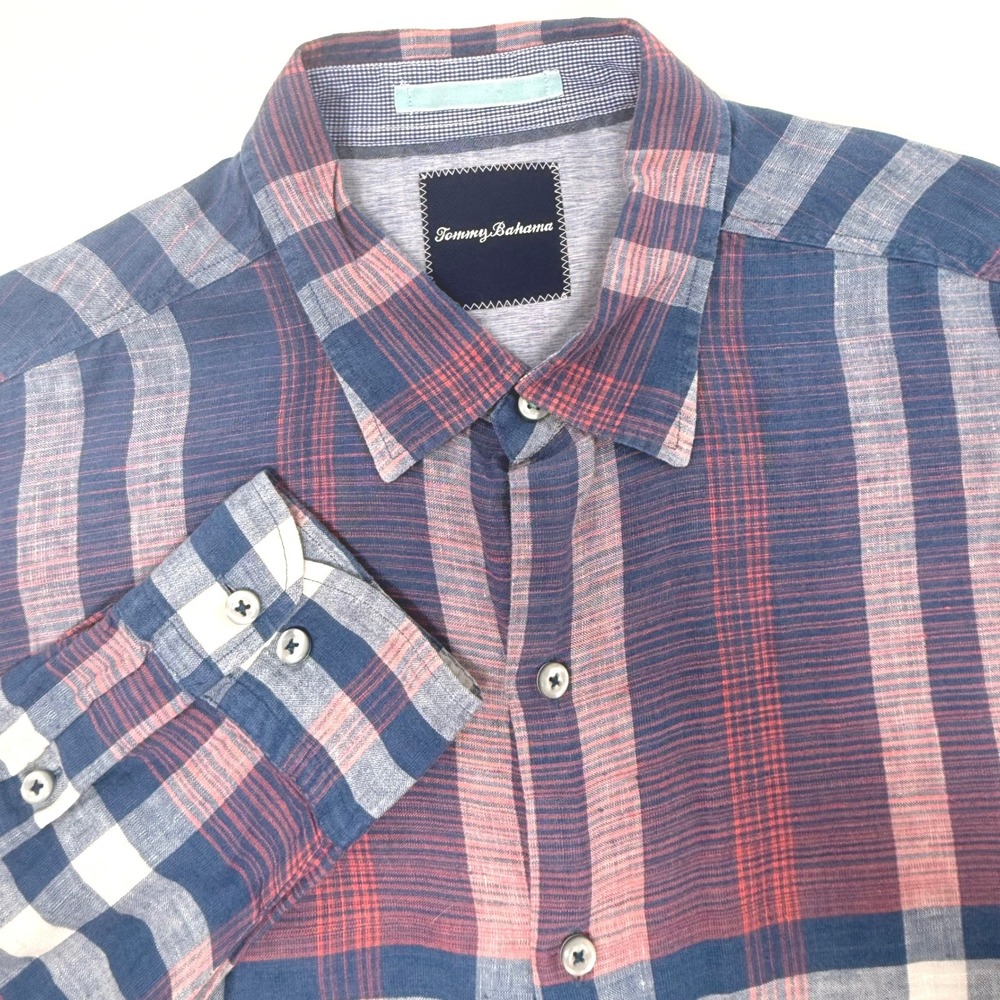 Tommy Bahama Mens Large Blue Red Plaid Linen Blend Long Sleeve Button Down Shirt